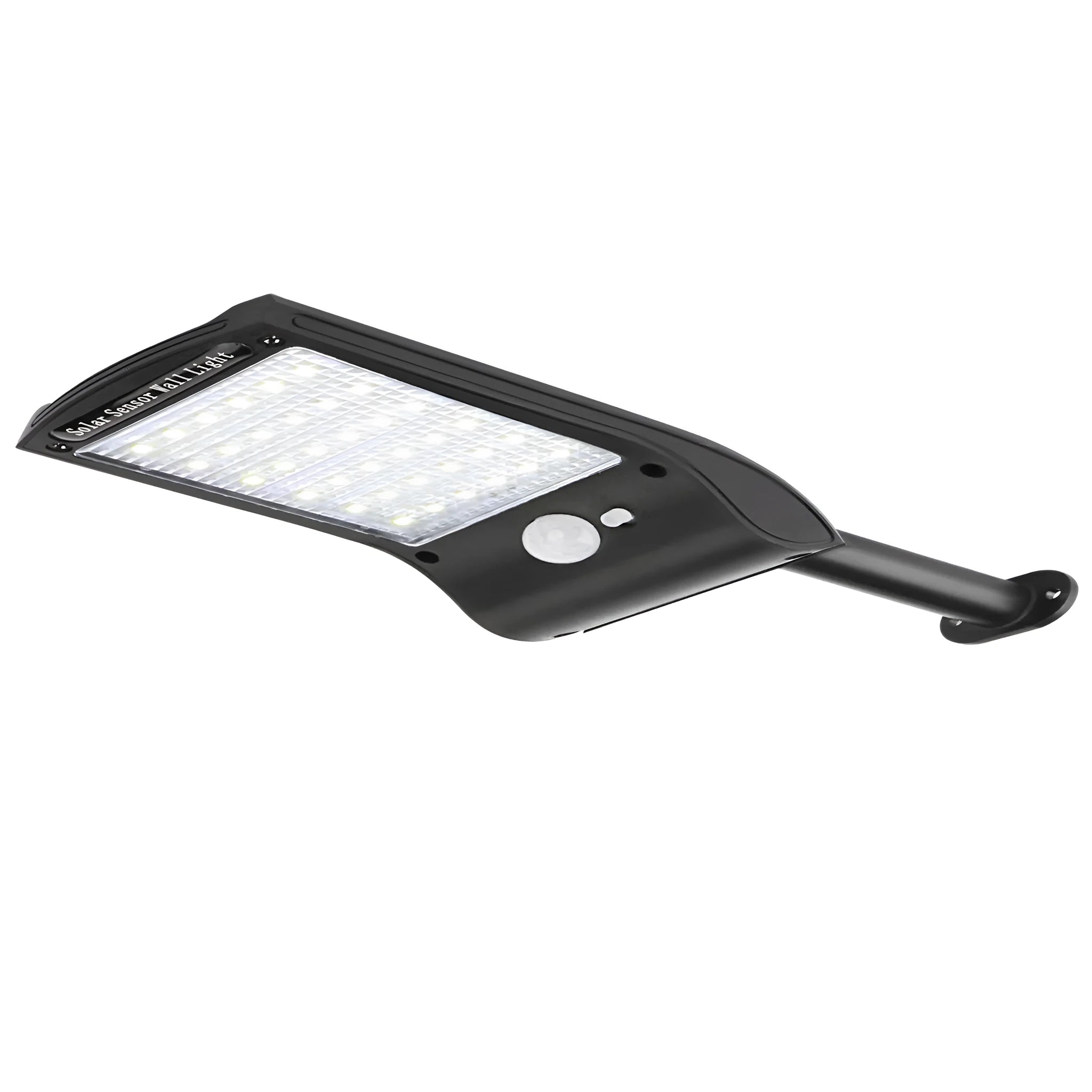 Black 36 LED solar-powered wall light with motion sensor and adjustable mounting bracket.