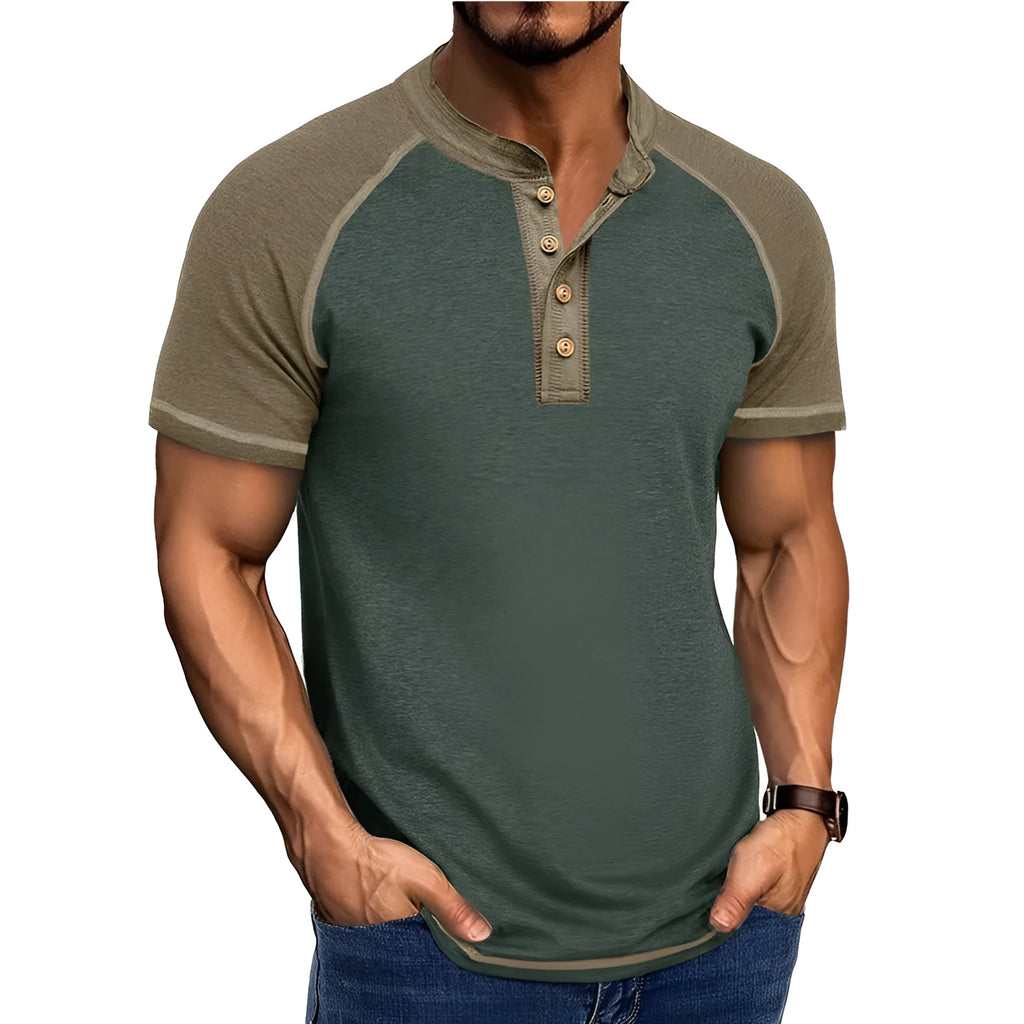 Men's short sleeve pullover top in a black and khaki colour block with raglan sleeves