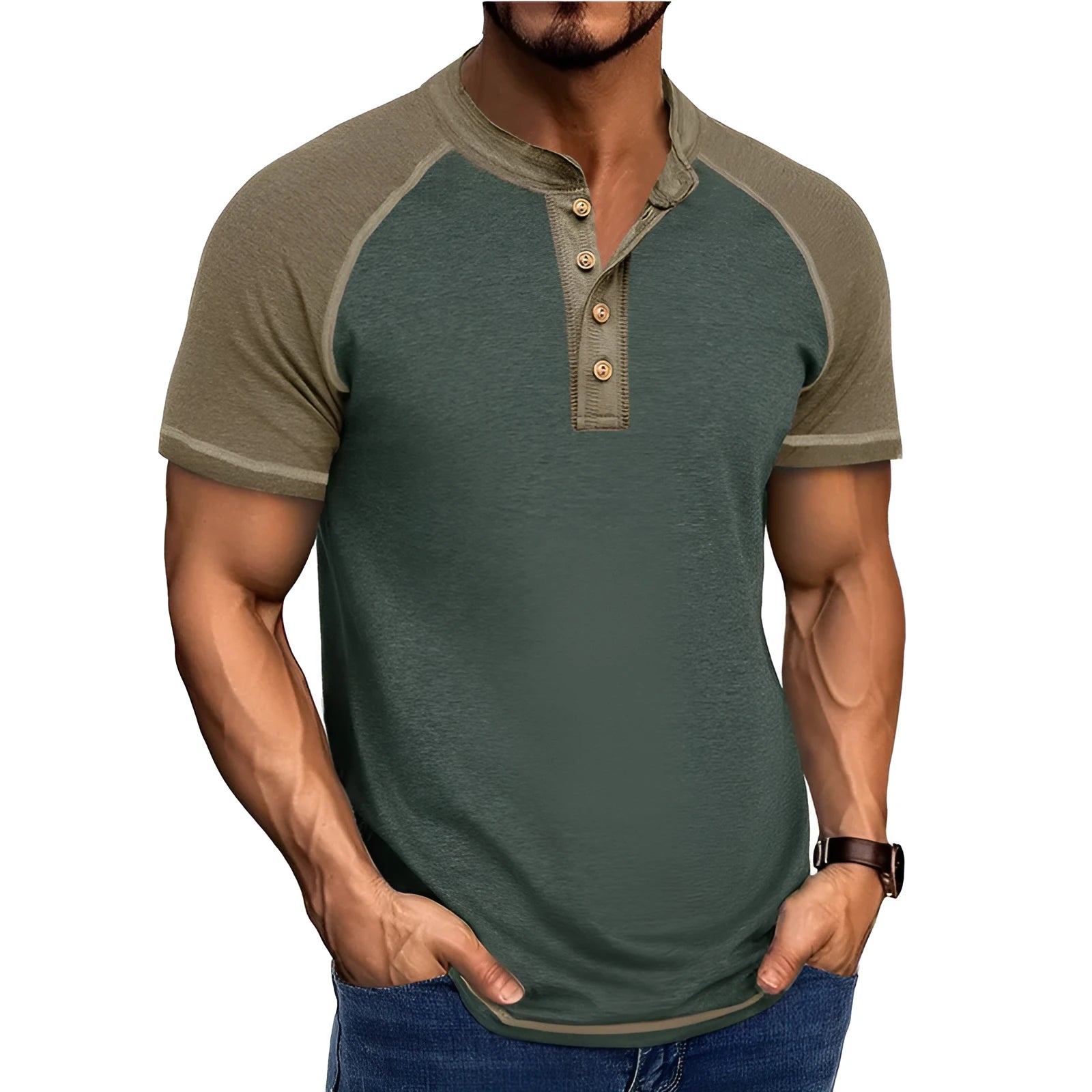 Men's short sleeve pullover top in a black and khaki colour block with raglan sleeves
