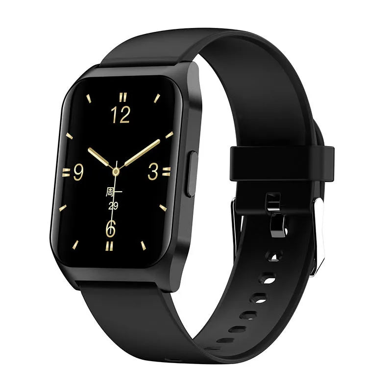Black smart watch with 1.69-inch screen showing heart rate display on silicone wrist strap