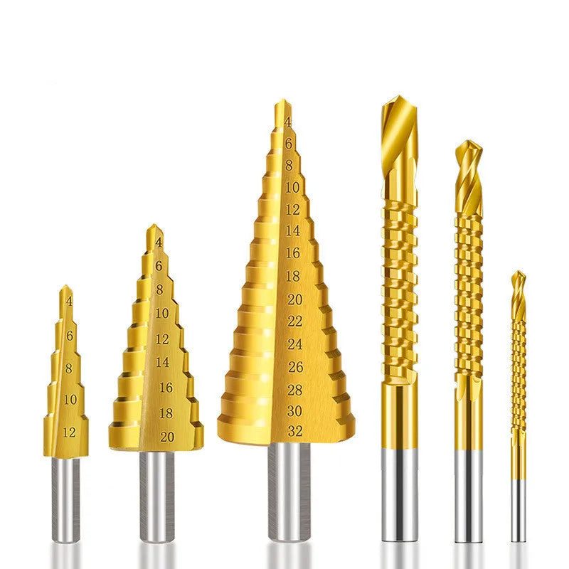 High speed steel step drill bits and centre punch set for metal drilling applications