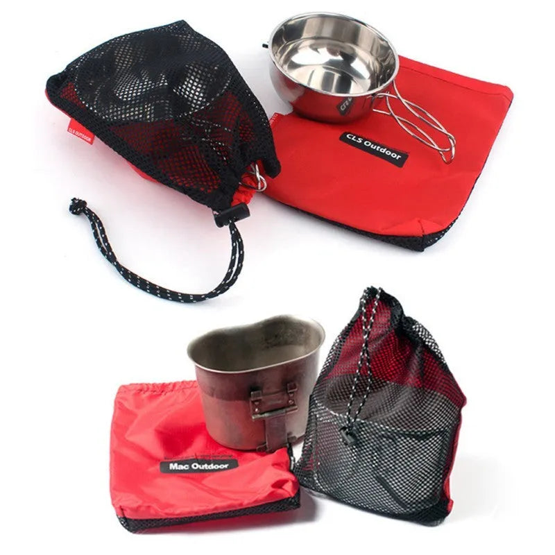 Set of five red travel storage bags made from Oxford cloth and mesh with zipper closures