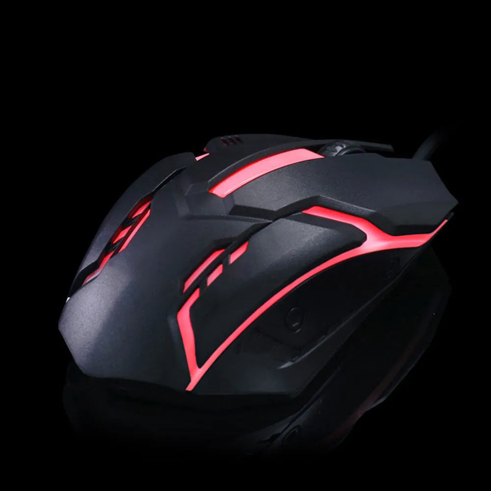 Wired USB computer mouse with colourful LED glow in black or white, showing 1.3m cable and three-button design