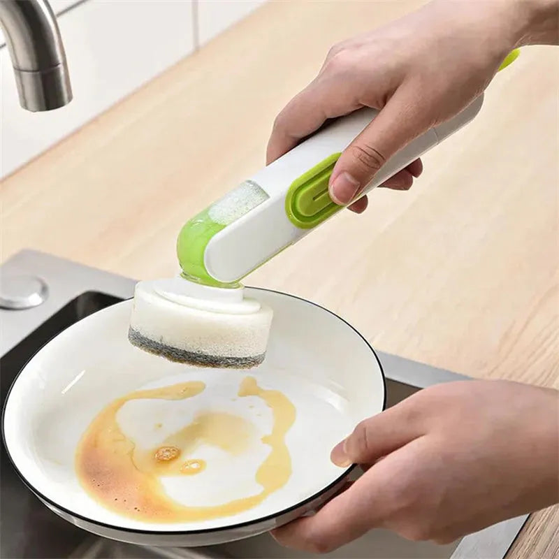 White and red long-handle kitchen brush with liquid dispenser and two brush heads