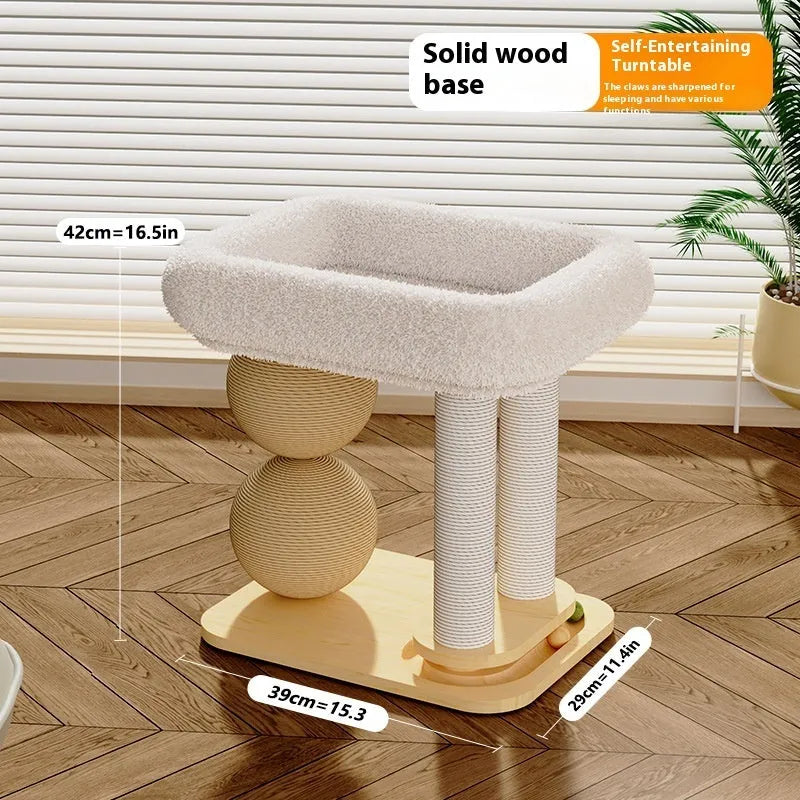 Pine wood cat nest bed with sisal scratching posts and double ball chamfer design