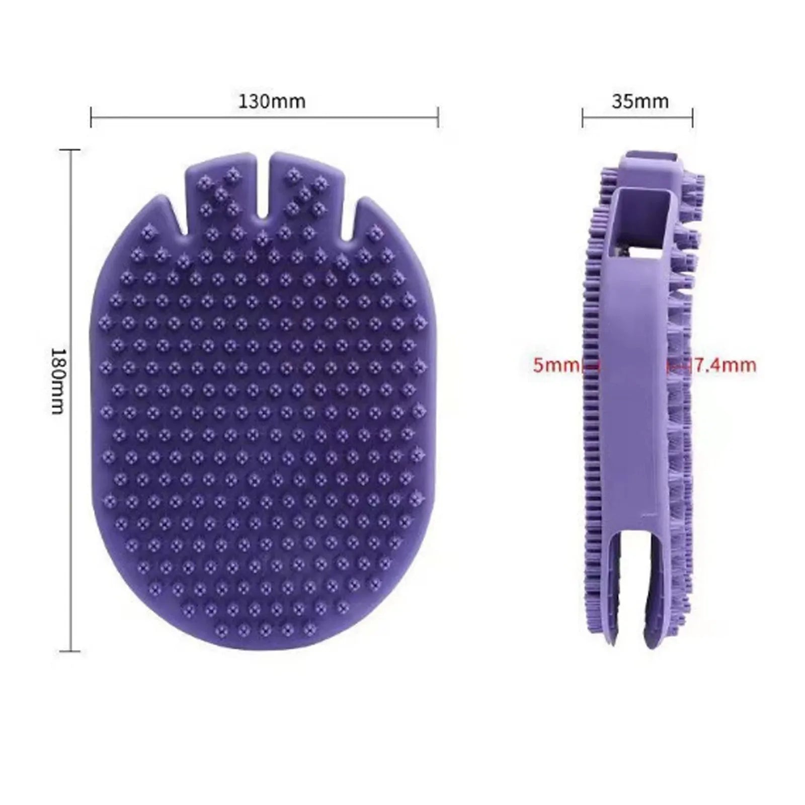 Purple pet shampoo brush with silicone bristles for dog and cat grooming during bathing