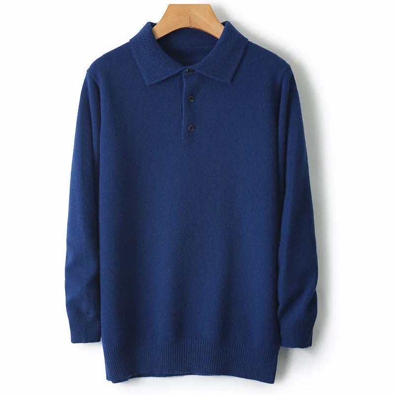 Men's grey polo collar pullover sweater on a hanger, showing long sleeves and knit texture.