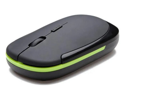 2.4G wireless optoelectronic mouse with slim design in black, showing three buttons and USB receiver slot