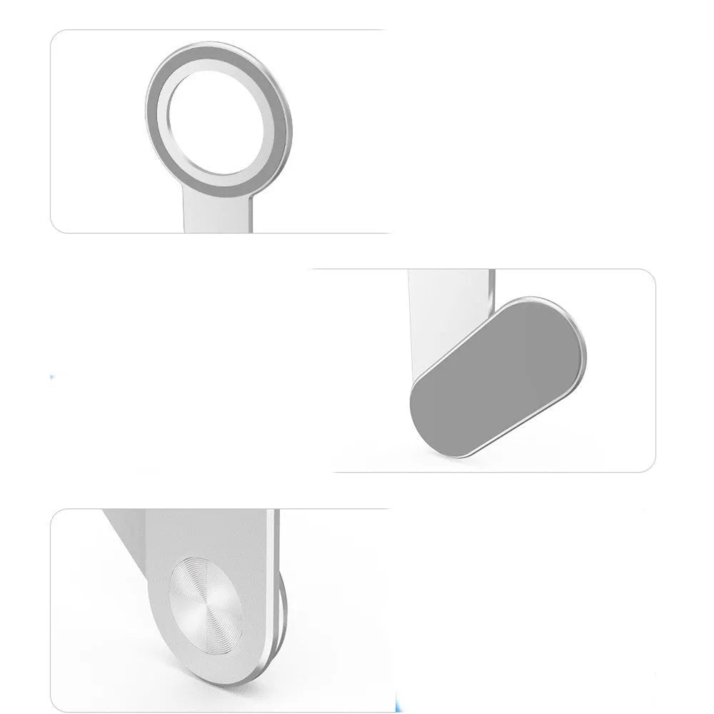 Metallic silver aluminium alloy magnetic phone holder for iPhone on a desk.
