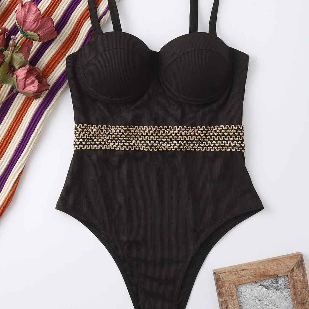 Black women's one-piece swimsuit with adjustable shoulder strap
