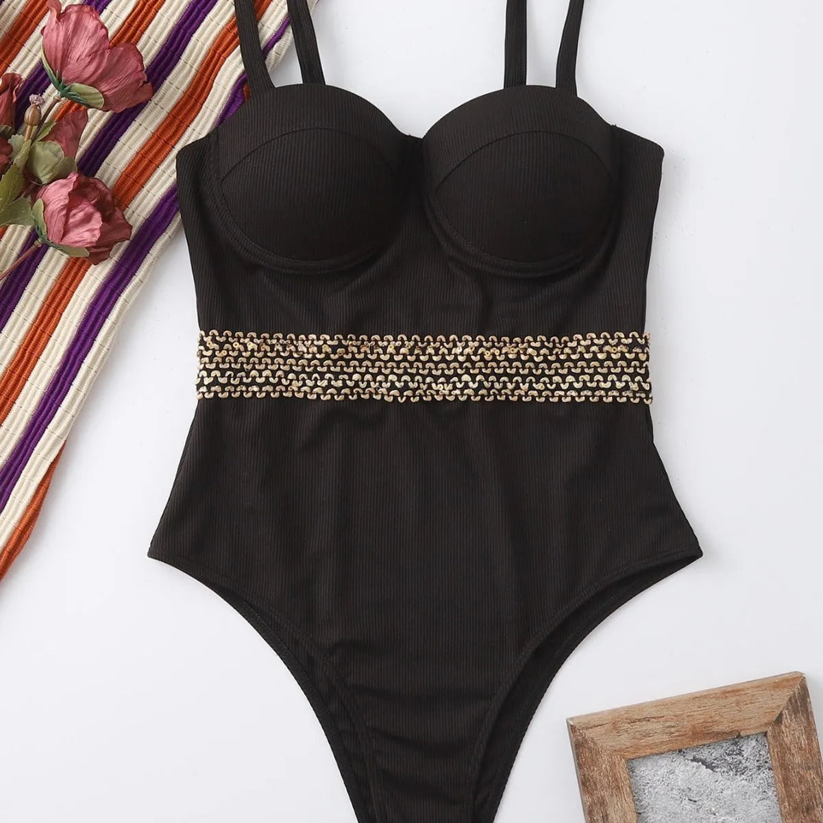 Black women's one-piece swimsuit with adjustable shoulder strap