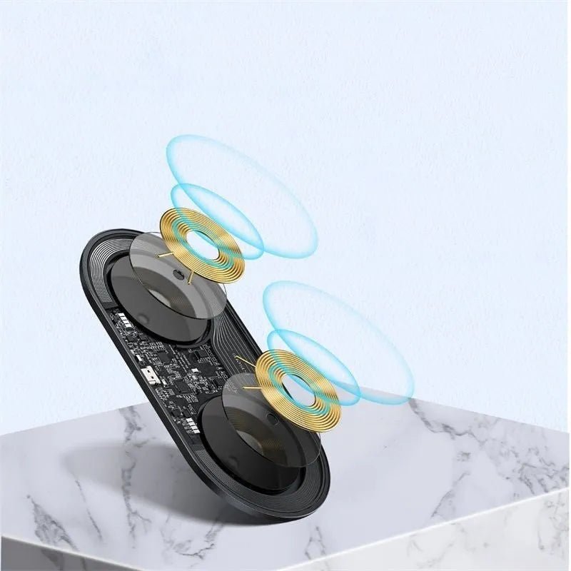 Two-in-one wireless charger, black aluminium and tempered glass, with charging light indicator, on a desk