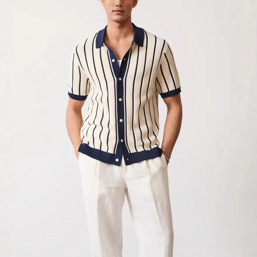 Men's white ice silk knitted short sleeve shirt with lapel collar and asymmetric styling