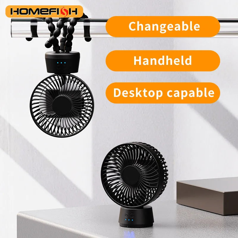 HOMEFISH F2 automatic shake head fan with LED light on removable bracket, showing USB port.