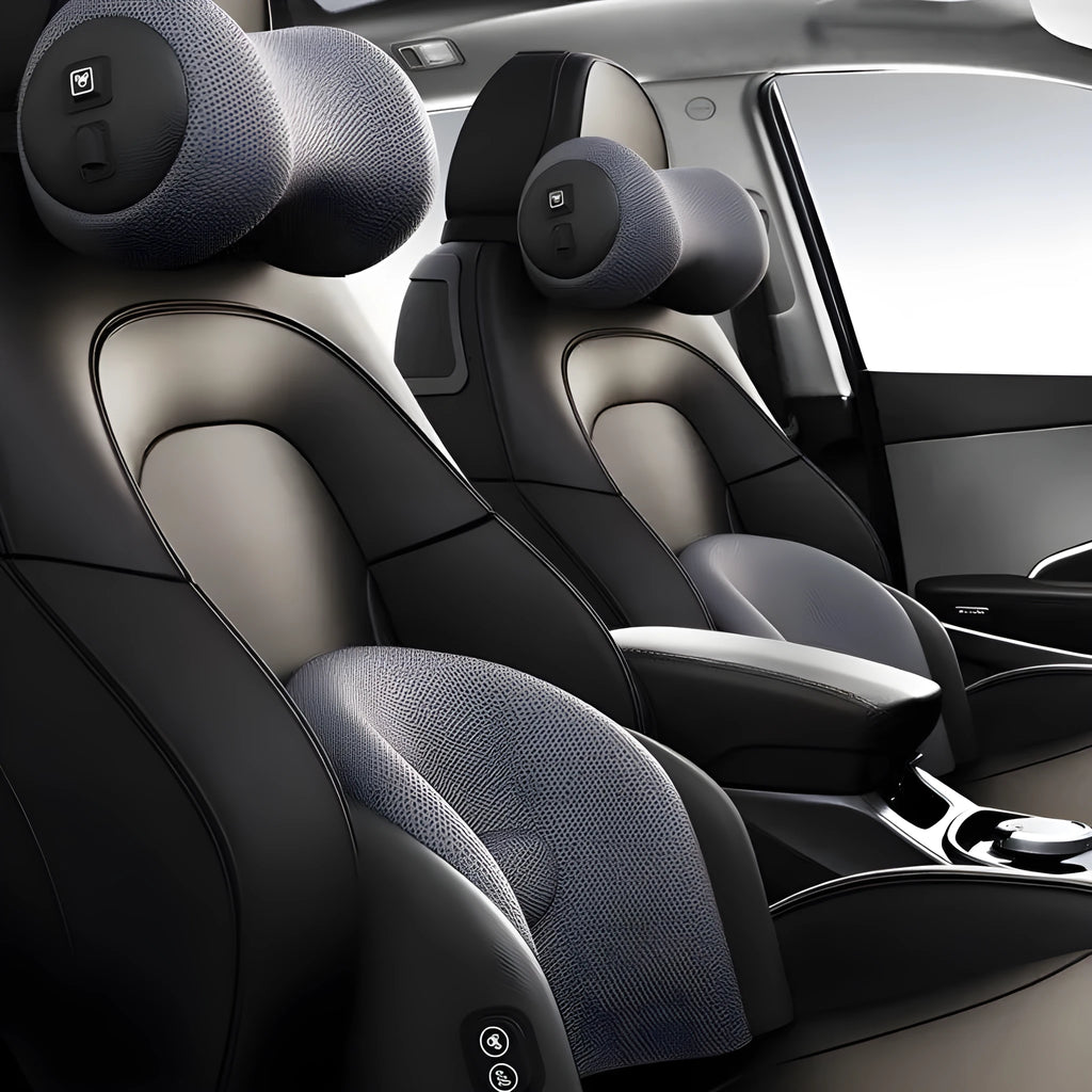 Car seat massage cushion with memory cotton and electric massage function in black, brown, or grey
