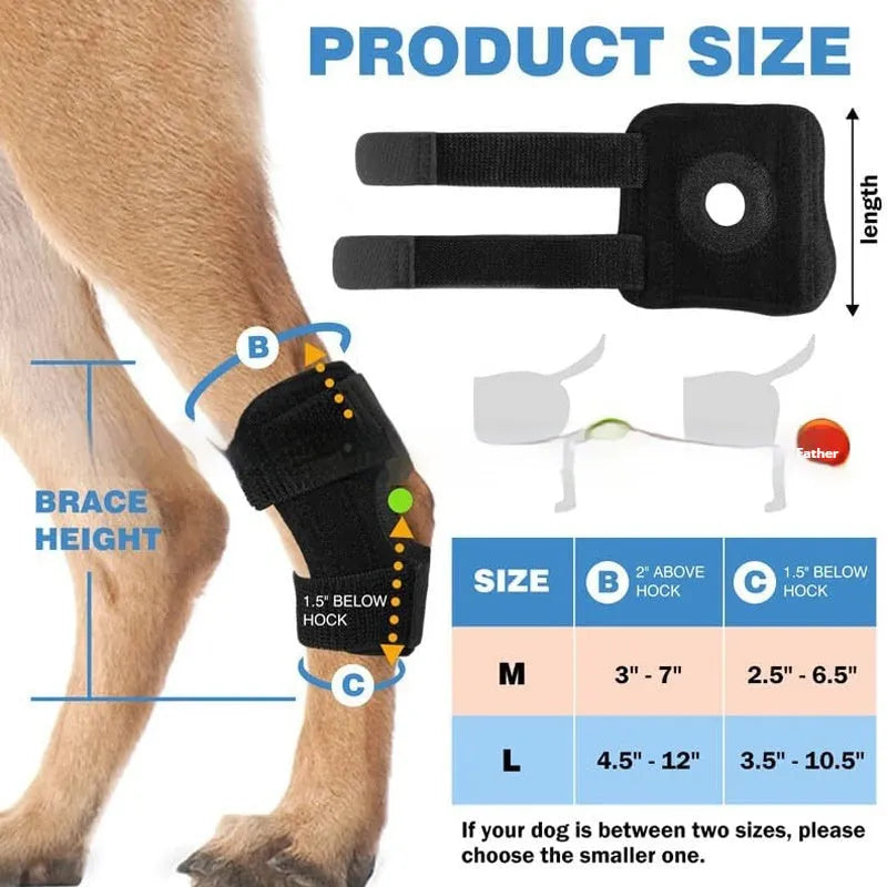 Black polyester dog leg guard for ACL and joint support, sizes L M XL.