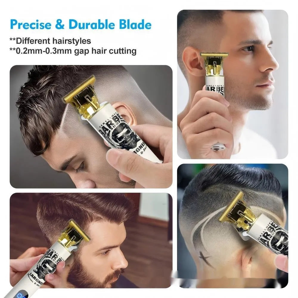 Rechargeable hair clipper with stainless steel cutter head and 4 attachments on a plastic body.