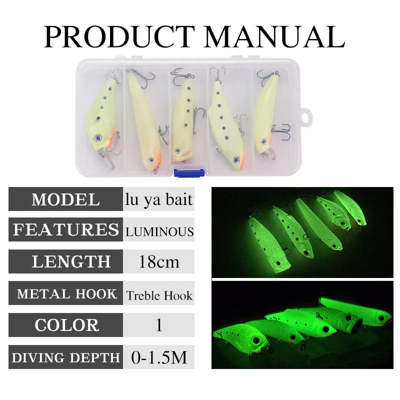 Five 3D fluorescent hard bait fishing lures with luminous details, packaged in a box.