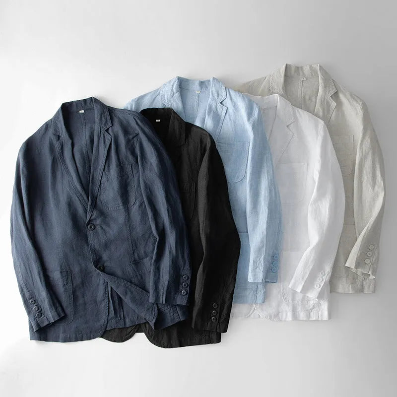 Men's linen suit jacket in loose fit casual style showing solid colour design and long sleeves
