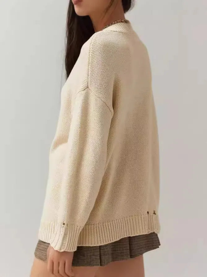 Women's beige acrylic jacquard sweater with round neck and long sleeves