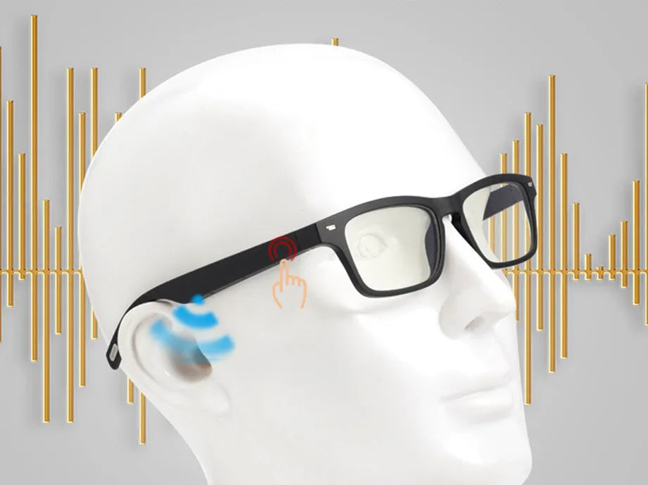 Smart Bluetooth glasses with open-ear speakers built into the temples, shown with a polarised lens option.