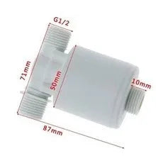 White nylon automatic float valve with multiple thread size options for water tanks.