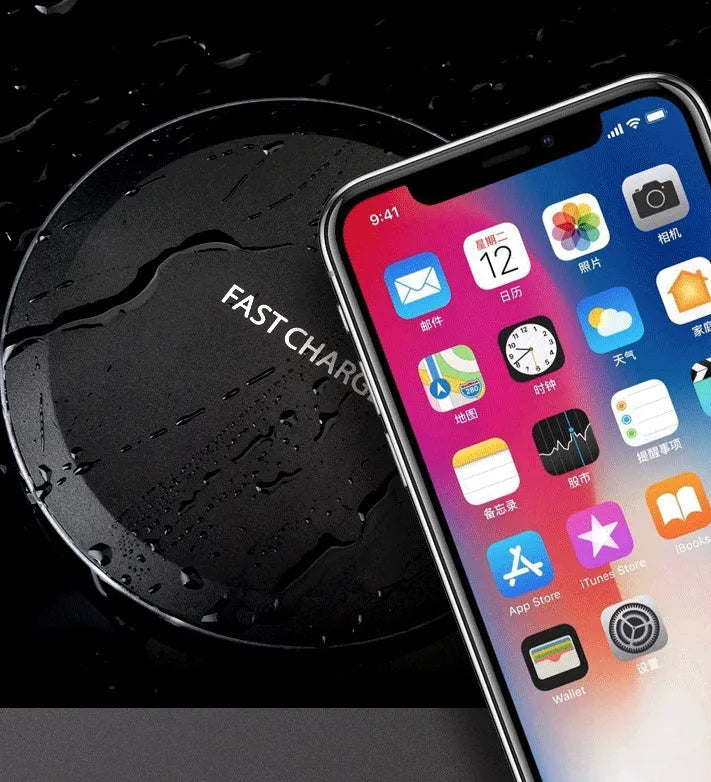 Ultra-thin wireless charger for mobile phone, black, with USB cable, showing charging indicator light