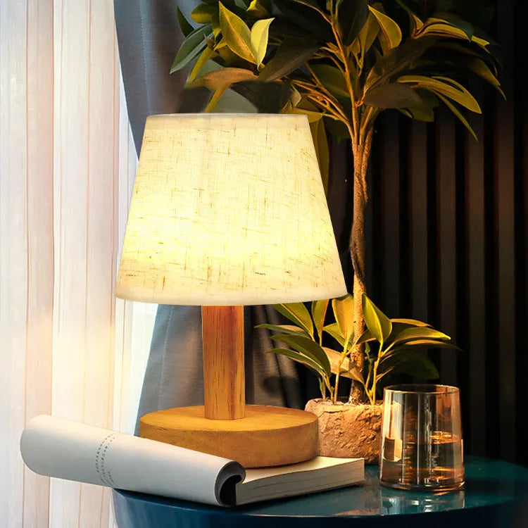 Korean style table lamp with natural jute and linen shade on bamboo lamp holder