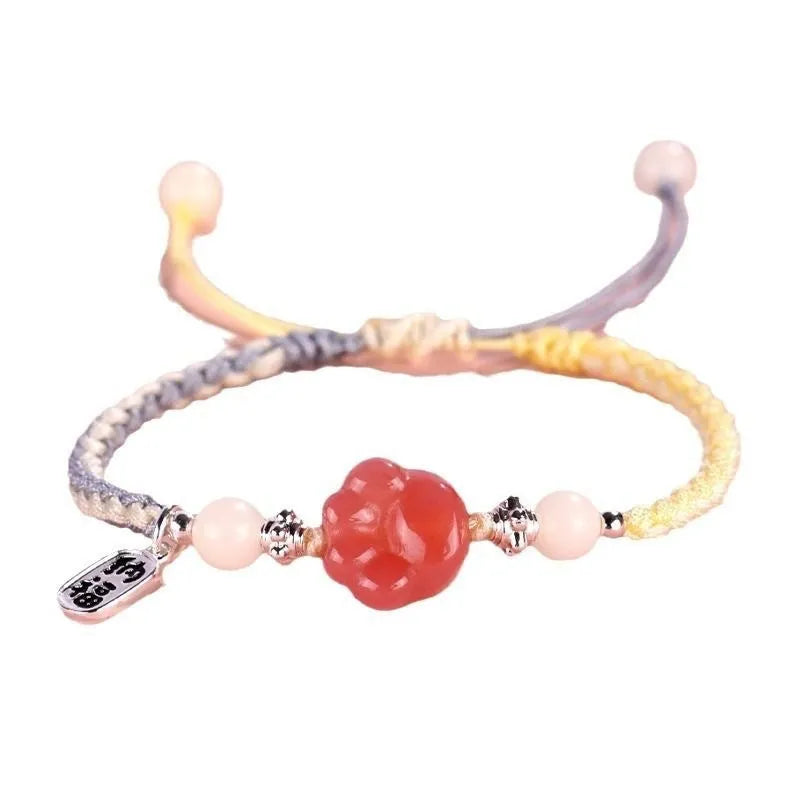 Red cat's paw charm couple bracelet in pastoral woven style with pink or yellow options