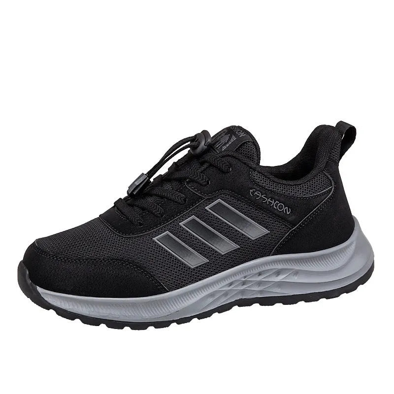 Men's and women's breathable mesh mom shoes with elastic band in black, dark grey, purple, and purplish red colours