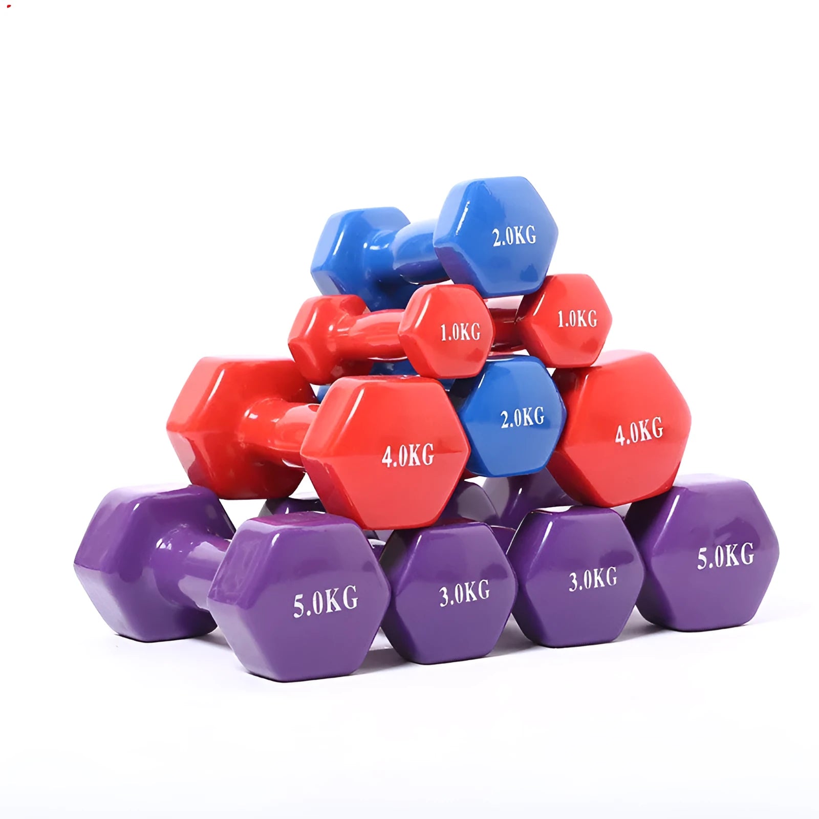 Bright coloured plastic fitness dumbbells with glossy surface in various weights for home workouts