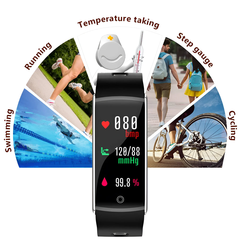 F10T body temperature smart bracelet with black silicone strap and 0.96-inch screen
