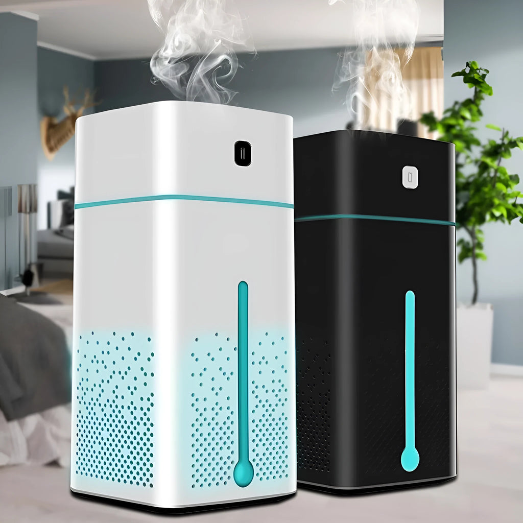 Black or white USB desktop humidifier measuring 103x103x218mm with 1000ml capacity
