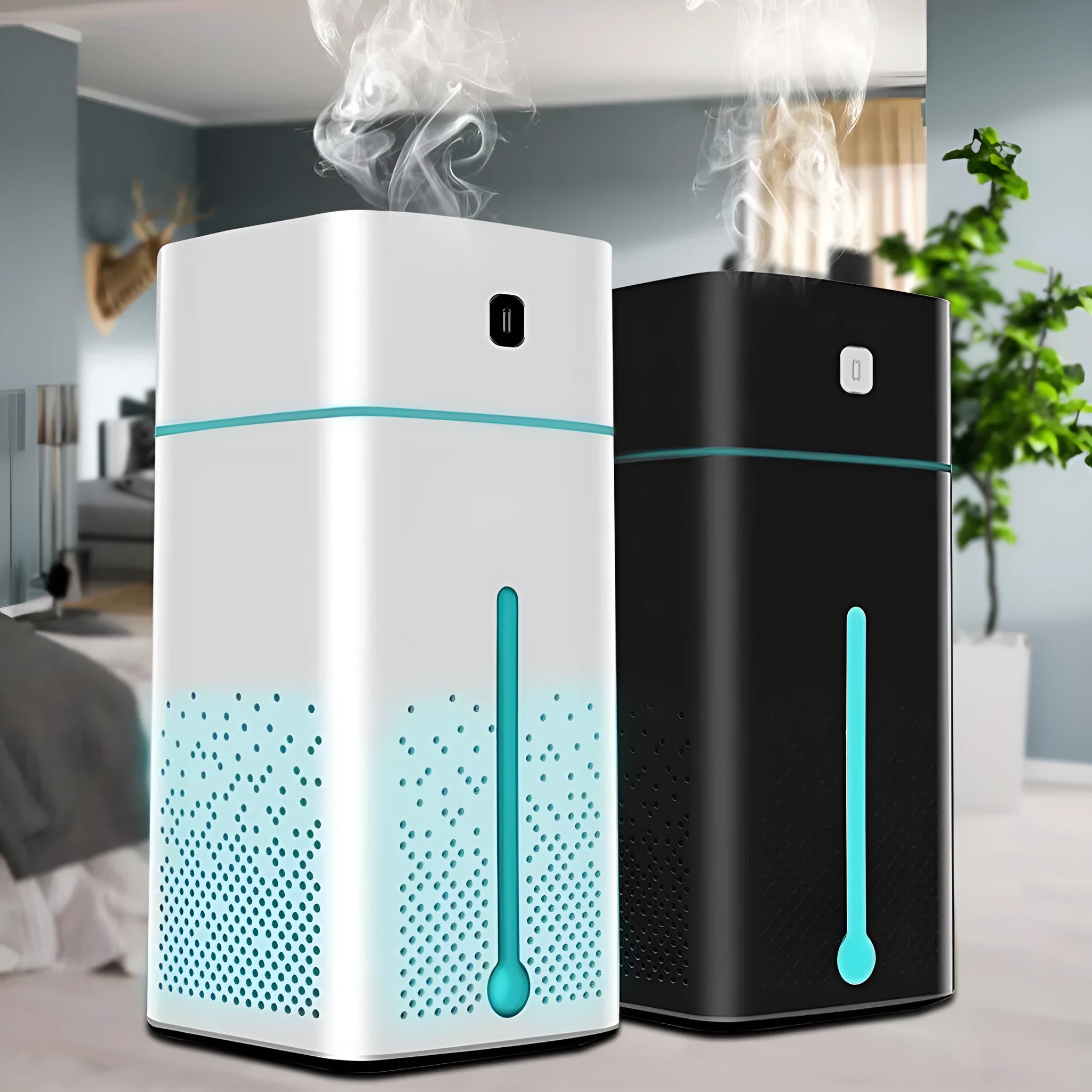 Black or white USB desktop humidifier measuring 103x103x218mm with 1000ml capacity