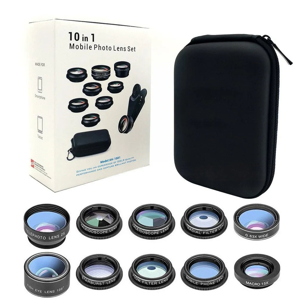 Black ten-in-one set of external HD glass camera lenses with aluminium-magnesium alloy housing for mobile phones.