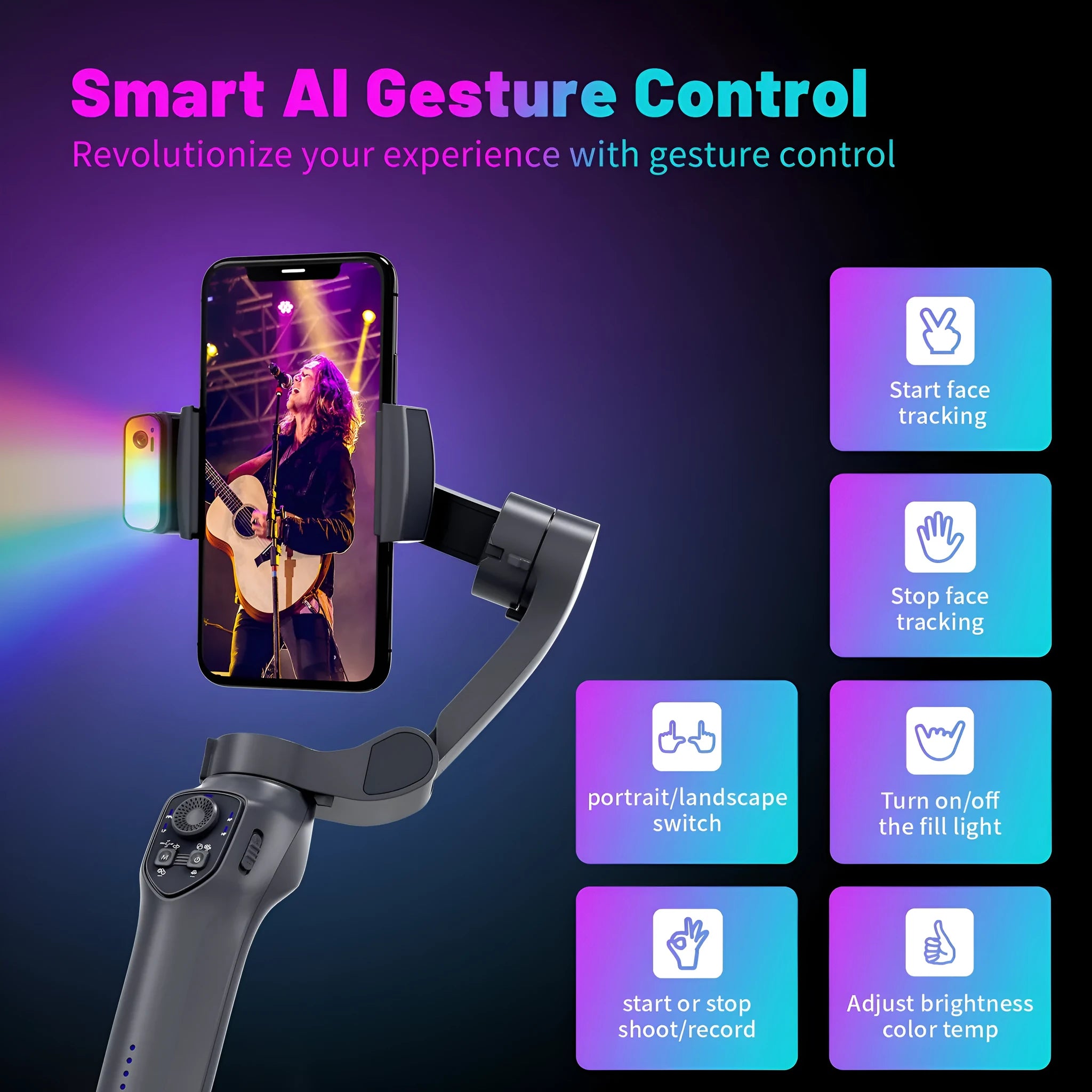 Foldable handheld camera stabiliser head in gun colour with gimbal system and USB charging port