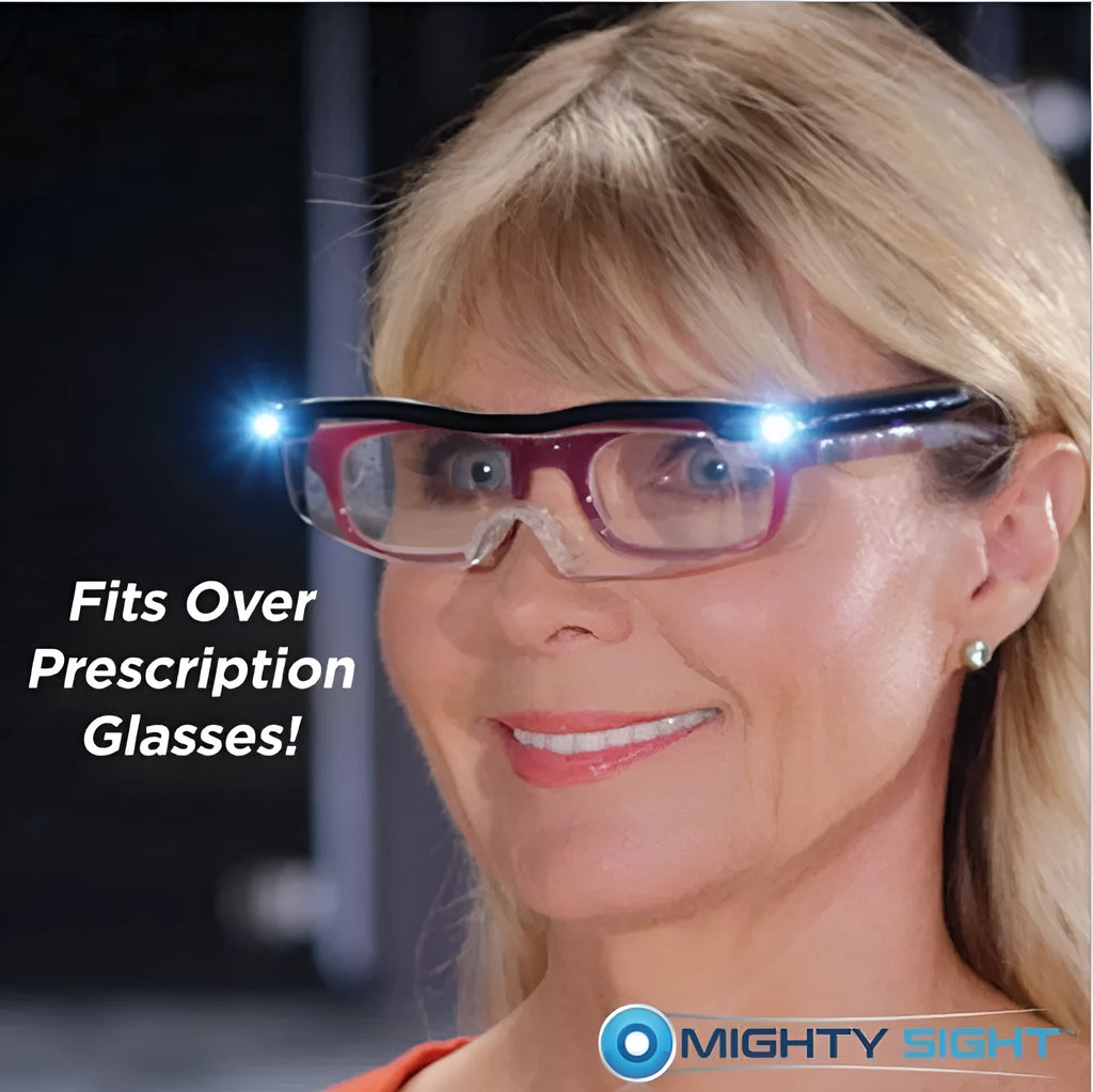 Transparent black USB LED reading glasses with built-in light on the frame.