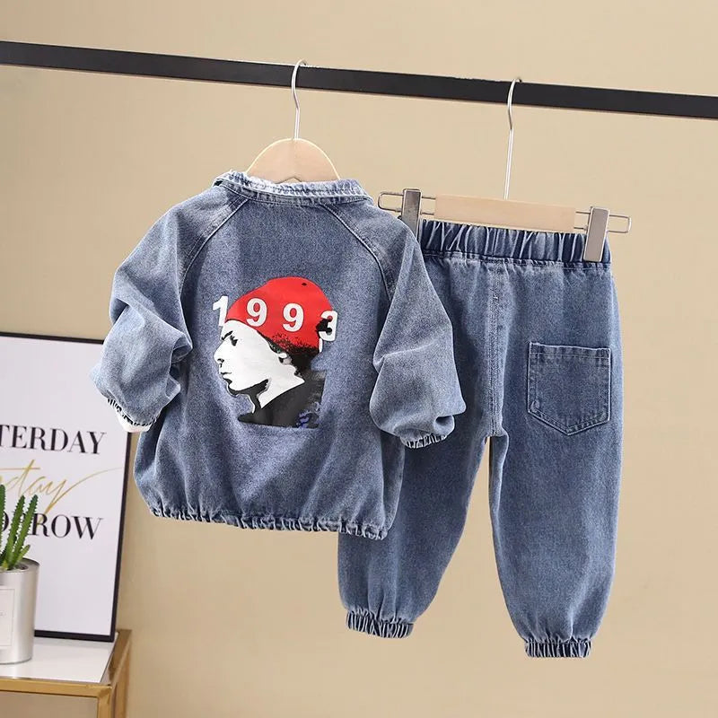 Boys black denim two-piece suit set with long sleeves in Korean style