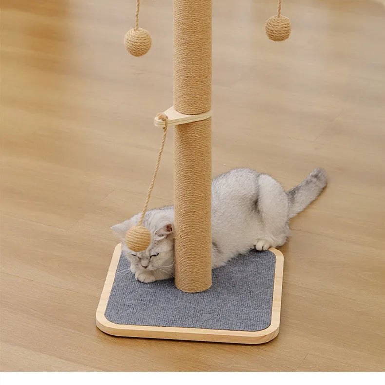 Windmill-themed cat climbing frame toy made from pine wood with a carpet leather scratch surface and a hanging ball.