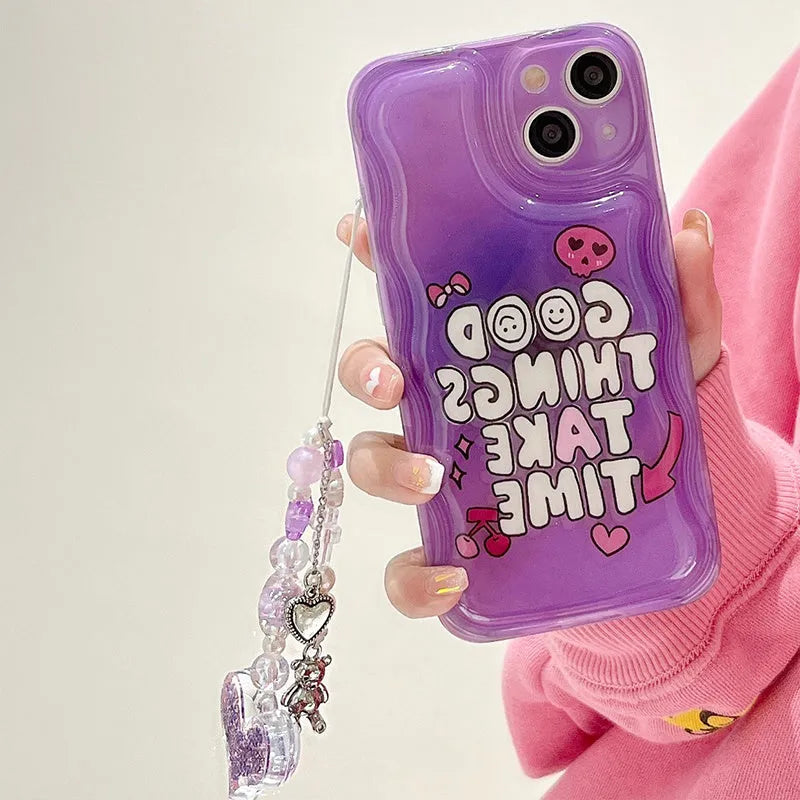 Purple English graffiti love pendant iPhone case with integrated bracelet chain