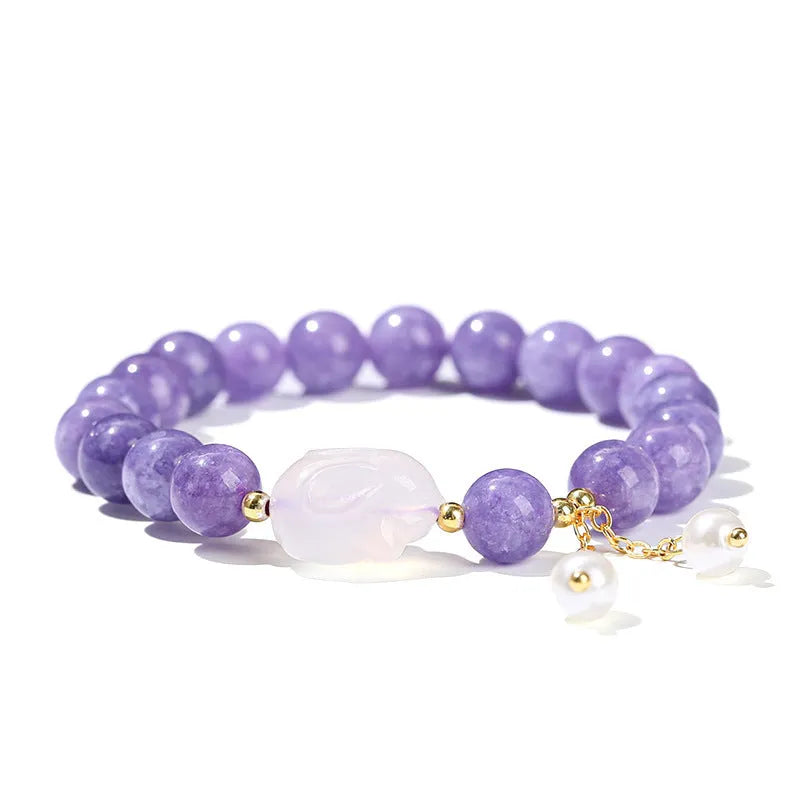 Purple aquamarine and lychee jelly agate rabbit bracelet with geometric design and round elements