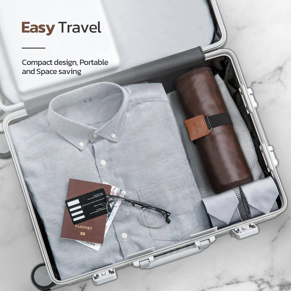 Men's black portable PU travel wash bag with toiletry items inside.