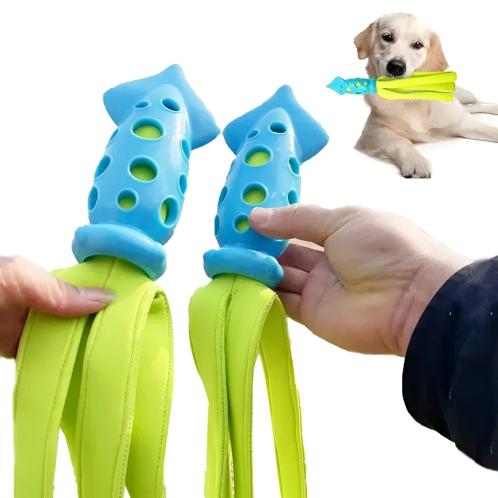 Blue cuttlefish-shaped squeaky dog chew toy, approximately 39cm long, made from rubber and cloth.