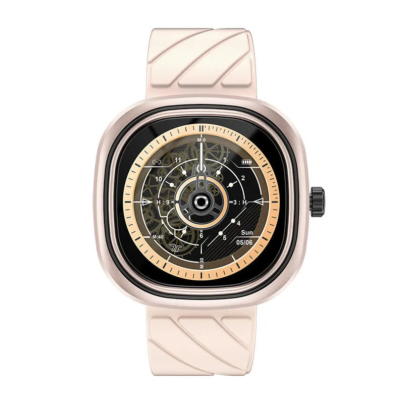 Black Bluetooth smartwatch with square TFT touchscreen on a silicone wristband.