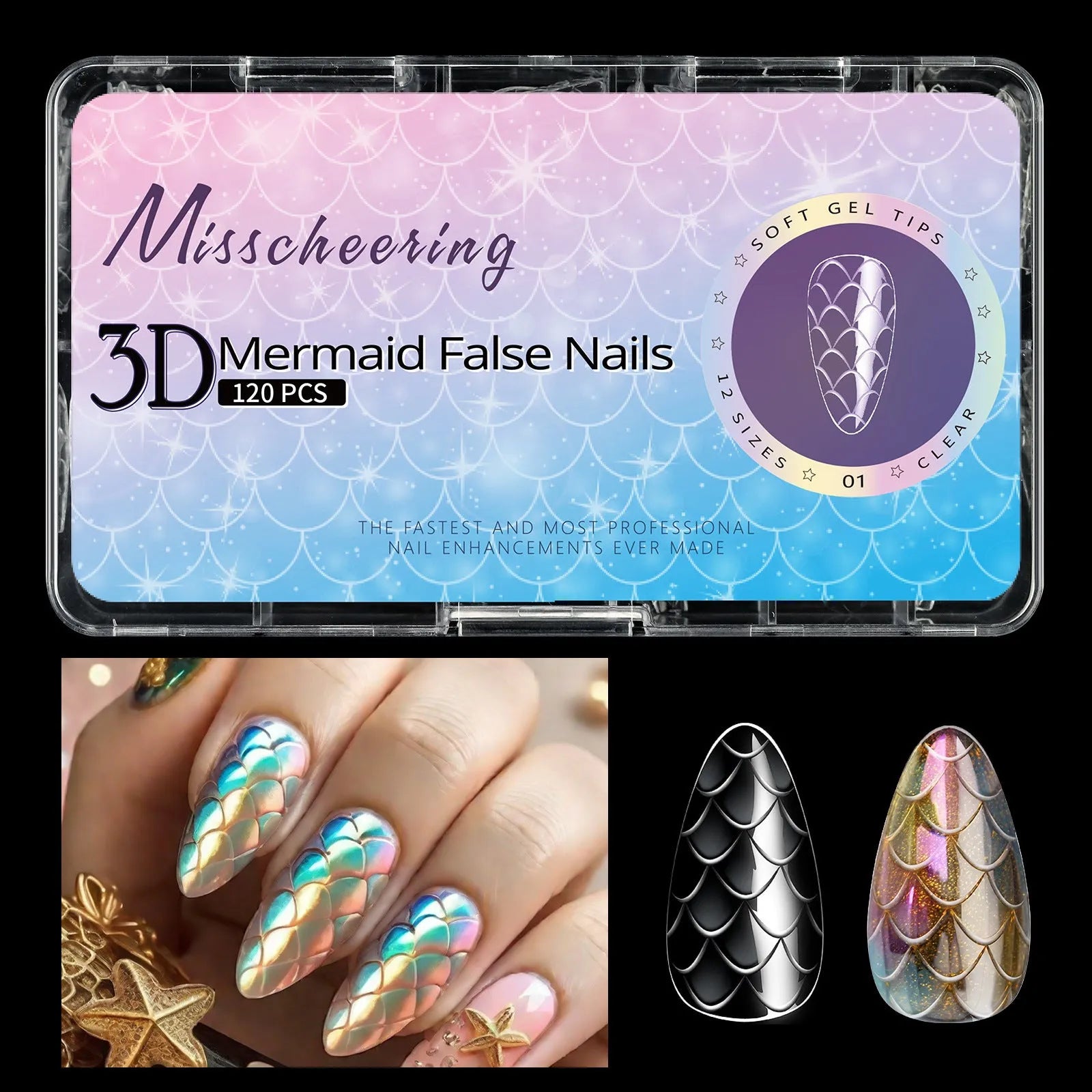 Box of 3D scale long shaping artificial nail tips for manicures.