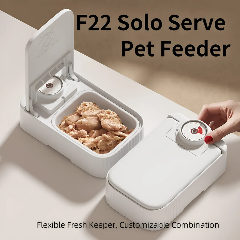 White pet automatic feeder with timer display and removable ice crystal cooling box underneath.