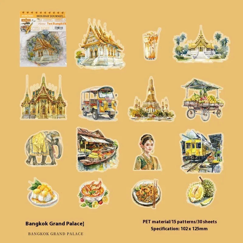 Holiday Journey series architecture journal stickers showing six landmark designs