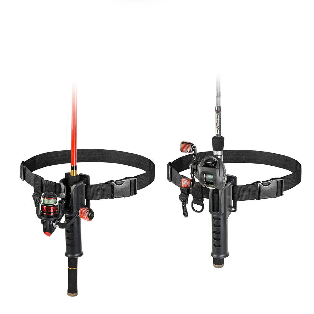 Fishing rod belt support bracket in black nylon, waist-mounted holder for rods with handle diameter under 3.5cm
