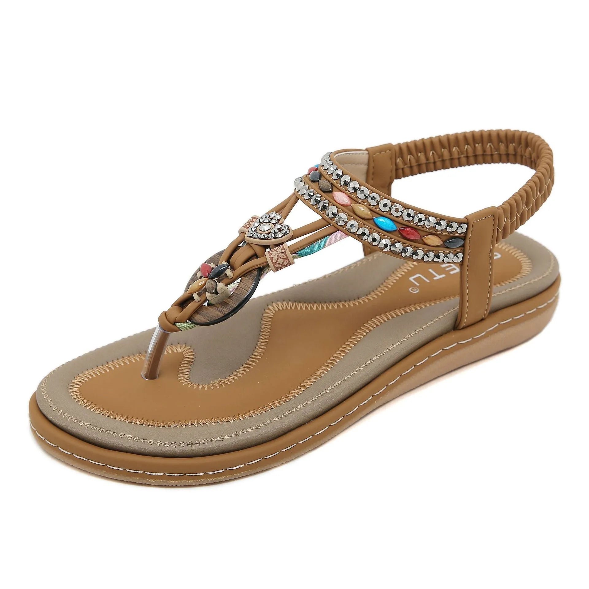 Women's rhinestone flip-flop sandals with leather lining and TPR sole in apricot, black, and khaki