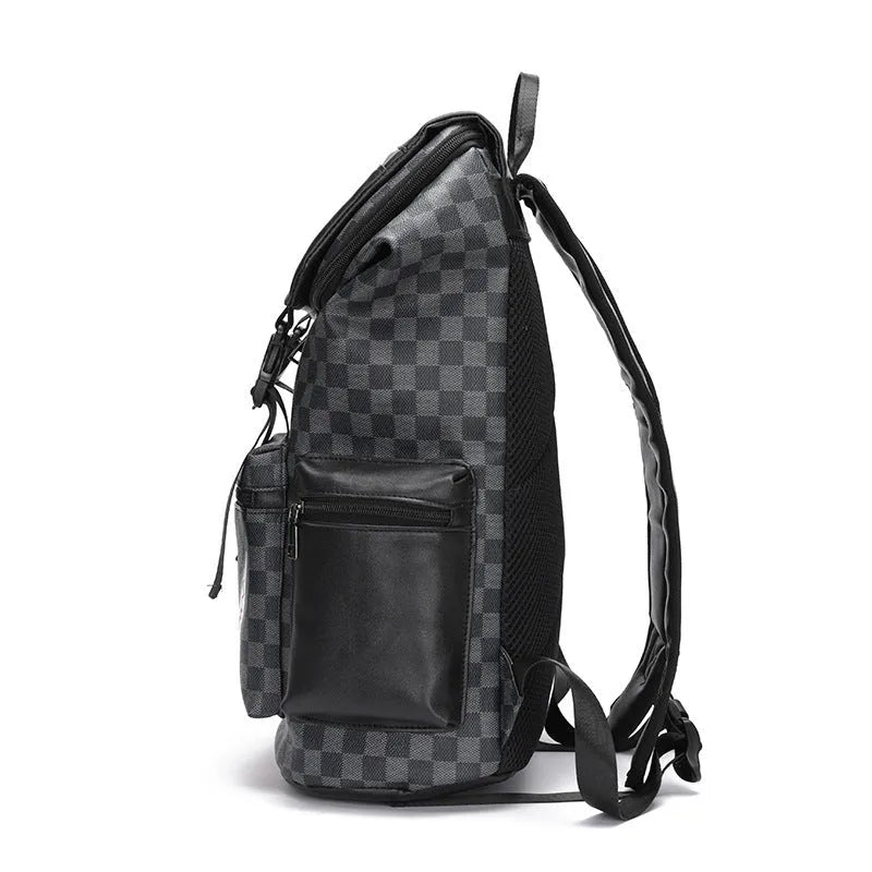 Black checkered print PU leather large capacity backpack with curved shoulder straps.